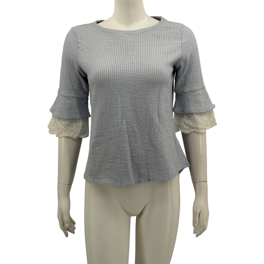 Elle Top Women Small Blue Striped Eyelet Lace Trim Cottage Dainty Spring Peasant